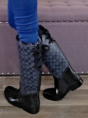 Coach Tristee Black Grey Knee High Winter Rain Boots US 8